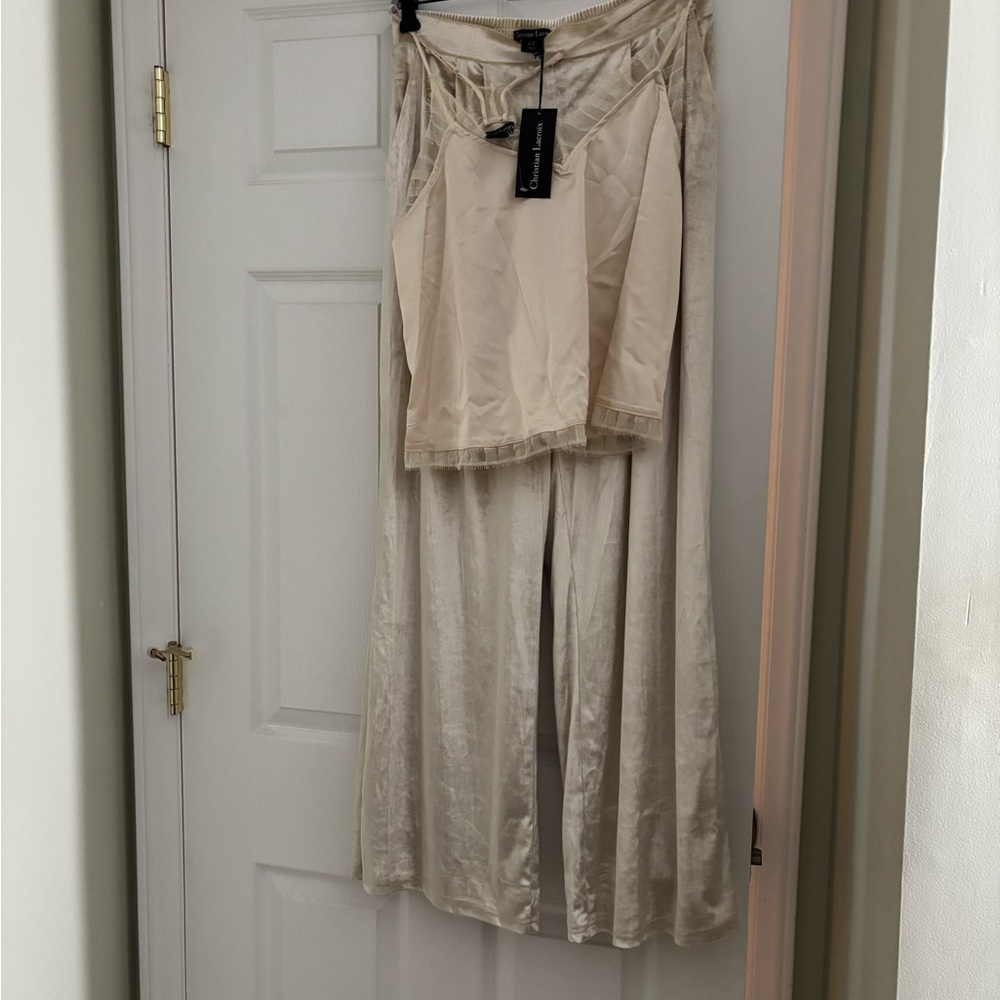 Christian Lacroix Tan Gold Pant with striped less top very beautiful. New